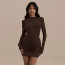 Jessara | Women's Boat Neck Long Sleeve Ruched Draped Front Mini Dress