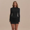 Jessara | Women's Boat Neck Long Sleeve Ruched Draped Front Mini Dress