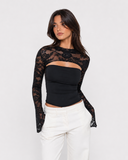 Joanne | Women's Floral Lace Panel High Neck Long Sleeve Top with Chest Cutout