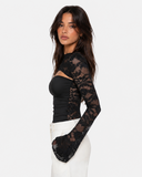 Joanne | Women's Floral Lace Panel High Neck Long Sleeve Top with Chest Cutout