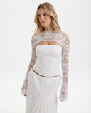 Joanne | Women's Floral Lace Panel High Neck Long Sleeve Top with Chest Cutout