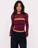 Joanne | Women's Floral Lace Panel High Neck Long Sleeve Top with Chest Cutout