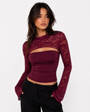 Joanne | Women's Floral Lace Panel High Neck Long Sleeve Top with Chest Cutout