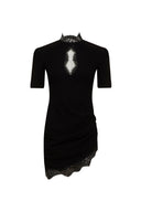 Jocelyne | Women's High Neck Keyhole Short Sleeve Ruched Hem Lace Trim Mini Dress
