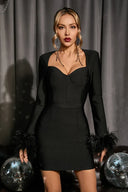 Josefina | Women's Sweetheart Neck Long Sleeve Bust Cups Feather Trim Mini Dress
