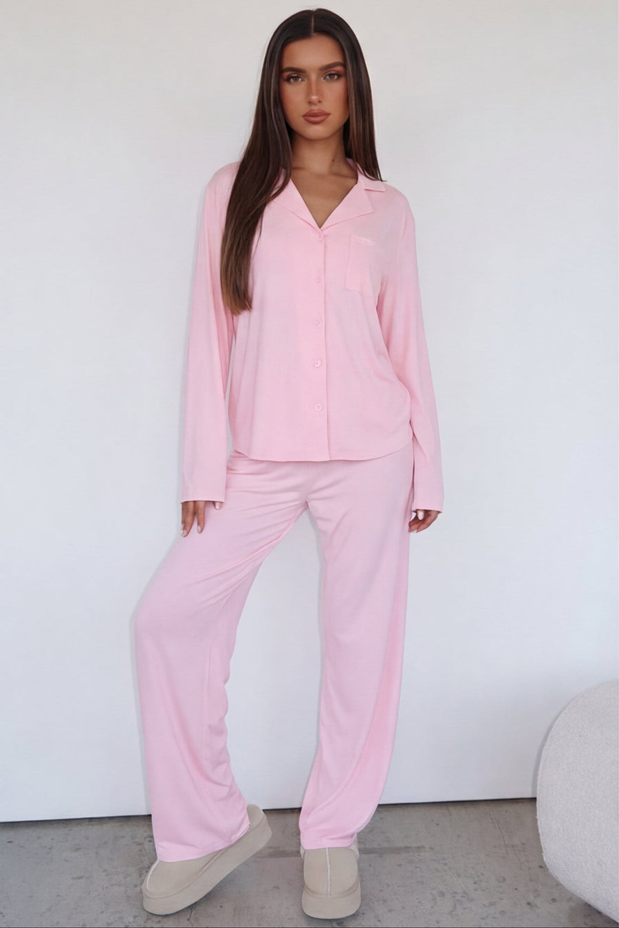 Judy | Women's Notch Collar Button Front Long Sleeve Pajama Set with Pants