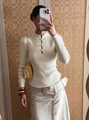 Kalista | Women's Mandarin Collar Long Sleeve Frog Button Ribbed Knit Top