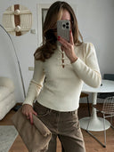 Kalista | Women's Mandarin Collar Long Sleeve Frog Button Ribbed Knit Top