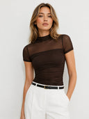 Kallista | Women's Short Sleeve Ruched Sheer Mock Neck Top