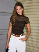 Kallista | Women's Short Sleeve Ruched Sheer Mock Neck Top