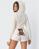 Karen | Women's Teddy Bear Plush Hooded Long Sleeve Romper with Bear Ears