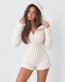 Karen | Women's Teddy Bear Plush Hooded Long Sleeve Romper with Bear Ears