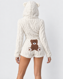 Karen | Women's Teddy Bear Plush Hooded Long Sleeve Romper with Bear Ears