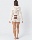 Karen | Women's Teddy Bear Plush Hooded Long Sleeve Romper with Bear Ears