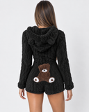 Karen | Women's Teddy Bear Plush Hooded Long Sleeve Romper with Bear Ears
