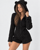 Karen | Women's Teddy Bear Plush Hooded Long Sleeve Romper with Bear Ears