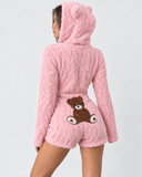 Karen | Women's Teddy Bear Plush Hooded Long Sleeve Romper with Bear Ears