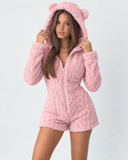 Karen | Women's Teddy Bear Plush Hooded Long Sleeve Romper with Bear Ears
