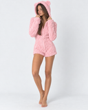 Karen | Women's Teddy Bear Plush Hooded Long Sleeve Romper with Bear Ears