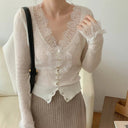 Kassandra | Women's V Neck Button Front Long Sleeve Lace Trim Knit Cardigan