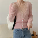 Kassandra | Women's V Neck Button Front Long Sleeve Lace Trim Knit Cardigan