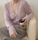 Kassandra | Women's V Neck Button Front Long Sleeve Lace Trim Knit Cardigan