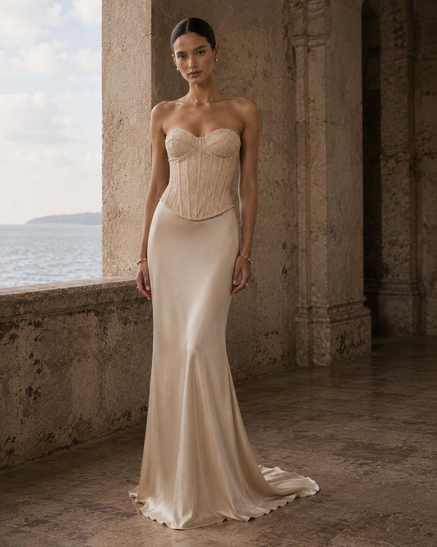 Kassidy | Women's Strapless Lace Corset Satin Maxi Dress