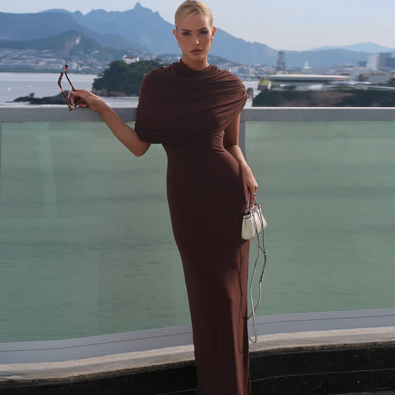Kataleya | Women's Asymmetric Cape Shoulder Ruched Waist Draped Maxi Dress