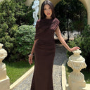 Kataleya | Women's Asymmetric Cape Shoulder Ruched Waist Draped Maxi Dress