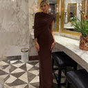 Kataleya | Women's Asymmetric Cape Shoulder Ruched Waist Draped Maxi Dress