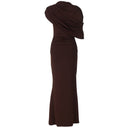 Kataleya | Women's Asymmetric Cape Shoulder Ruched Waist Draped Maxi Dress