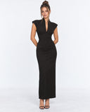 Kelley | Women's Tailored Stand Collar Deep V Neck Cap Sleeve Maxi Dress