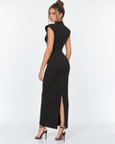 Kelley | Women's Tailored Stand Collar Deep V Neck Cap Sleeve Maxi Dress