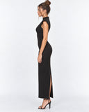 Kelley | Women's Tailored Stand Collar Deep V Neck Cap Sleeve Maxi Dress