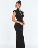 Kelley | Women's Tailored Stand Collar Deep V Neck Cap Sleeve Maxi Dress