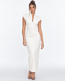 Kelley | Women's Tailored Stand Collar Deep V Neck Cap Sleeve Maxi Dress