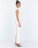 Kelley | Women's Tailored Stand Collar Deep V Neck Cap Sleeve Maxi Dress