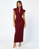 Kelley | Women's Tailored Stand Collar Deep V Neck Cap Sleeve Maxi Dress