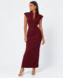 Kelley | Women's Tailored Stand Collar Deep V Neck Cap Sleeve Maxi Dress