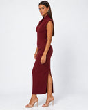 Kelley | Women's Tailored Stand Collar Deep V Neck Cap Sleeve Maxi Dress