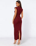 Kelley | Women's Tailored Stand Collar Deep V Neck Cap Sleeve Maxi Dress