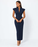 Kelley | Women's Tailored Stand Collar Deep V Neck Cap Sleeve Maxi Dress
