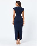 Kelley | Women's Tailored Stand Collar Deep V Neck Cap Sleeve Maxi Dress