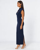 Kelley | Women's Tailored Stand Collar Deep V Neck Cap Sleeve Maxi Dress