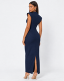 Kelley | Women's Tailored Stand Collar Deep V Neck Cap Sleeve Maxi Dress