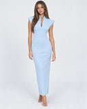 Kelley | Women's Tailored Stand Collar Deep V Neck Cap Sleeve Maxi Dress