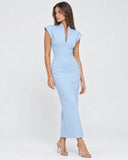 Kelley | Women's Tailored Stand Collar Deep V Neck Cap Sleeve Maxi Dress