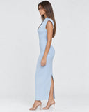 Kelley | Women's Tailored Stand Collar Deep V Neck Cap Sleeve Maxi Dress