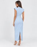 Kelley | Women's Tailored Stand Collar Deep V Neck Cap Sleeve Maxi Dress
