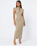 Kelley | Women's Tailored Stand Collar Deep V Neck Cap Sleeve Maxi Dress